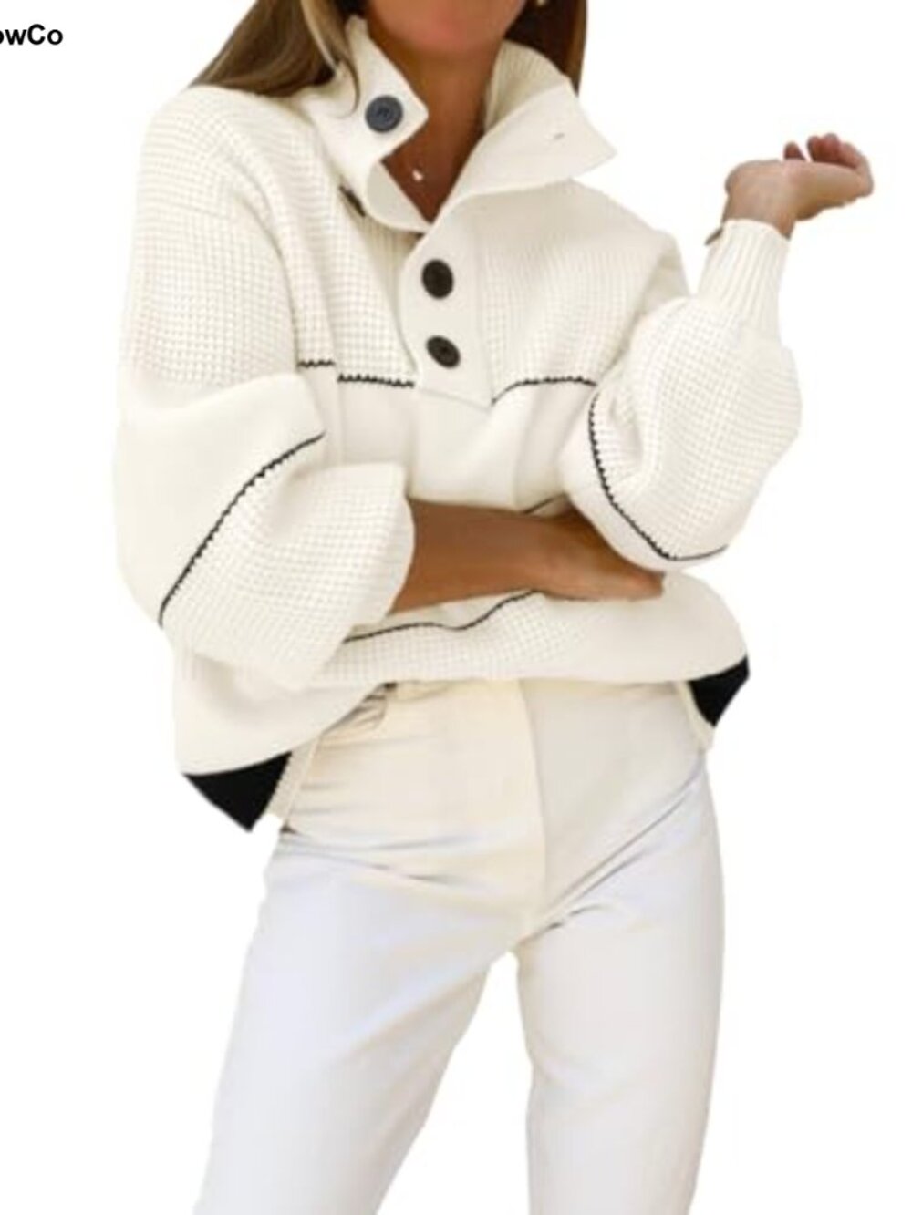 Chouyatou Women's Slouchy Knit Sweater 1/2 Button Polo Collared Pullover
